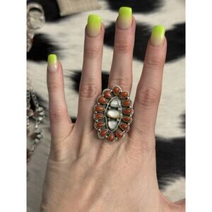 Native American Sterling Silver Red Coral Mother Pearl Multistone Cluster Ring